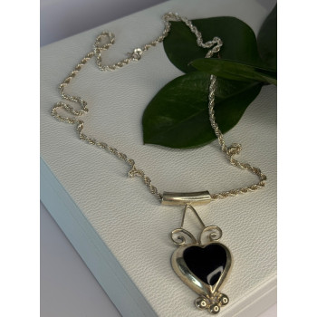 925 Sterling Silver Onyx Heart Necklace Length 24 inch