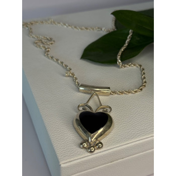 925 Sterling Silver Onyx Heart Necklace Length 24 inch