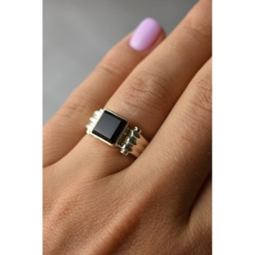 925 Sterling Silver Black Agate Signet Ring Size 6.5