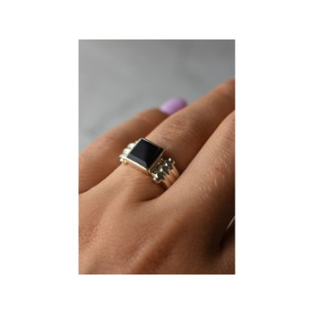 925 Sterling Silver Black Agate Signet Ring Size 6.5