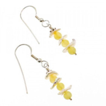 925 Sterling Silver Yellow Agate & Mother Of Pearl Earrings