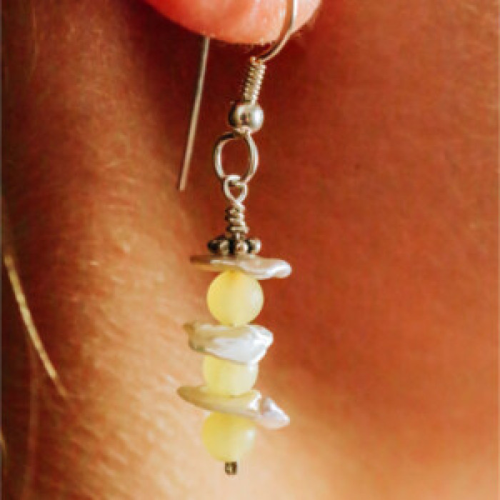 925 Sterling Silver Yellow Agate & Mother Of Pearl Earrings