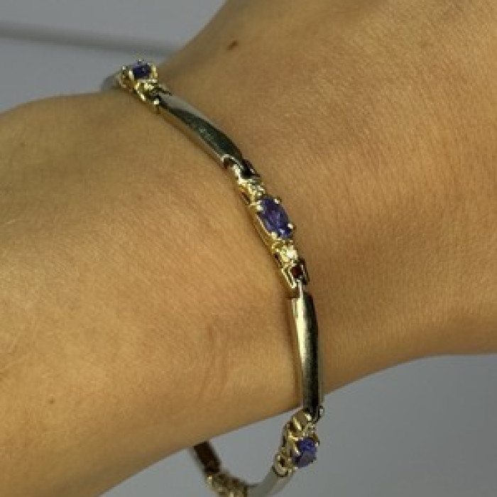 14K Yellow Gold Tanzanite & Diamond Bracelet Length 7.5 Inch