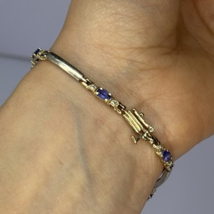 14K Yellow Gold Tanzanite & Diamond Bracelet Length 7.5 Inch
