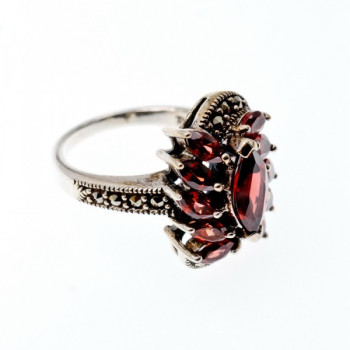 925 Sterling Silver Spessartine & Marcasites Ring Size 6.5