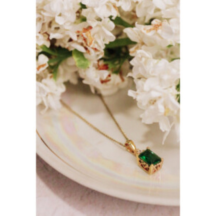 925 Sterling Silver Gold Plated Emerald & Goshenite Chain With Pendant