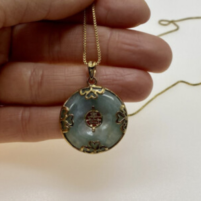 925 Sterling Silver Gold Plated Nephrite Chain With Pendant Italy