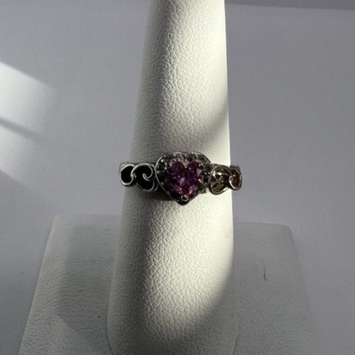 925 Sterling Silver & CZ Pink Heart Ring Size 6.5