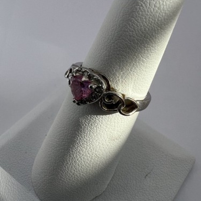 925 Sterling Silver & CZ Pink Heart Ring Size 6.5