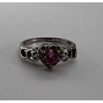 925 Sterling Silver & CZ Pink Heart Ring Size 6.5