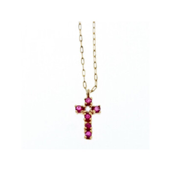 14K YELLOW GOLD RUBIES & DIAMOND CHAIN WITH CROSS PENDANT