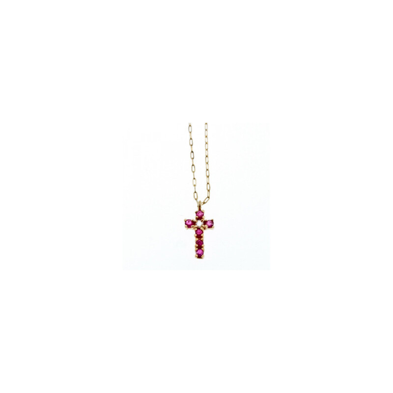 14K YELLOW GOLD RUBIES & DIAMOND CHAIN WITH CROSS PENDANT