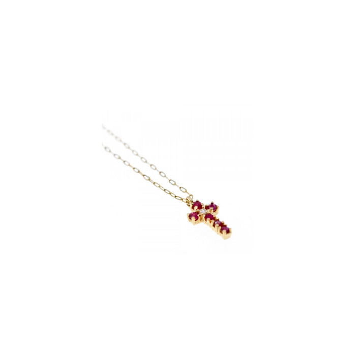 14K YELLOW GOLD RUBIES & DIAMOND CHAIN WITH CROSS PENDANT