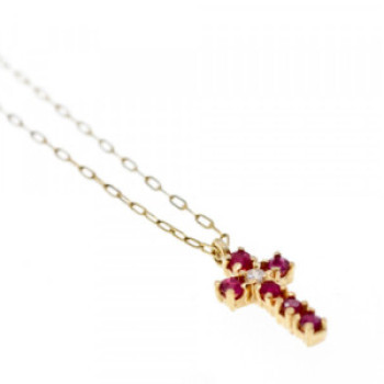 14K Yellow Gold Rubies & Diamond Chain With Cross Pendant