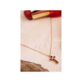 14K YELLOW GOLD RUBIES & DIAMOND CHAIN WITH CROSS PENDANT