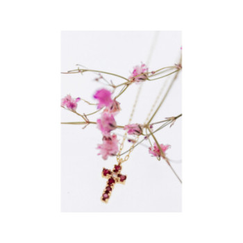 14K YELLOW GOLD RUBIES & DIAMOND CHAIN WITH CROSS PENDANT