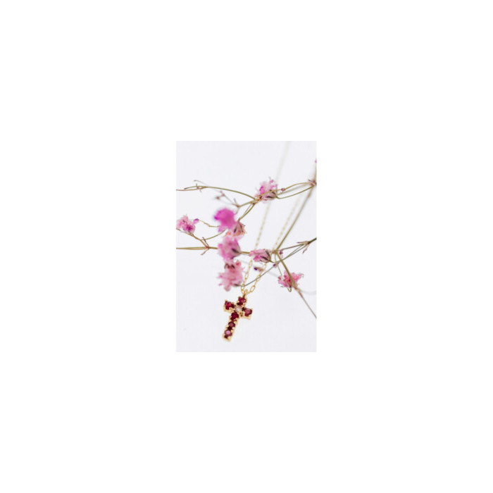 14K YELLOW GOLD RUBIES & DIAMOND CHAIN WITH CROSS PENDANT