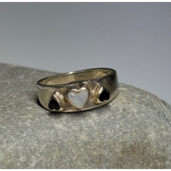 925 Sterling Silver Abalone & Enamel Hearts Ring Size 5