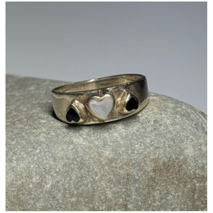 925 Sterling Silver Abalone & Enamel Hearts Ring Size 5