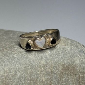 925 Sterling Silver Abalone & Enamel Hearts Ring Size 5