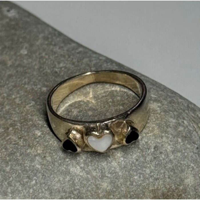 925 Sterling Silver Abalone & Enamel Hearts Ring Size 5