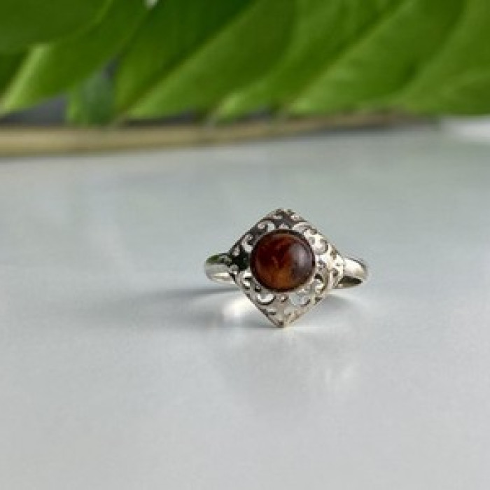 Vintage 925 Sterling Silver Amber Ring Size 5.5