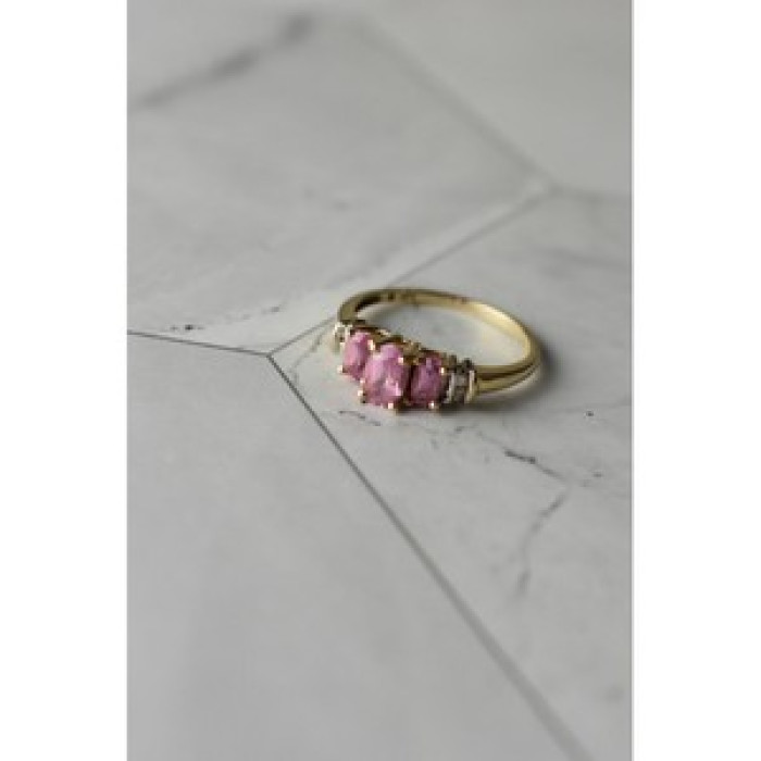 10K Yellow Gold Pink Topaz & Diamonds Ring Size 6.5