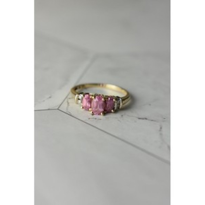 10K Yellow Gold Pink Topaz & Diamonds Ring Size 6.5