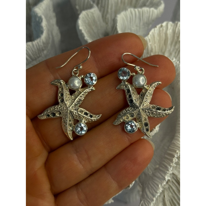 925 Sterling Silver See Star Blue Topaz & Pearl Earrings Length 1.70 inch