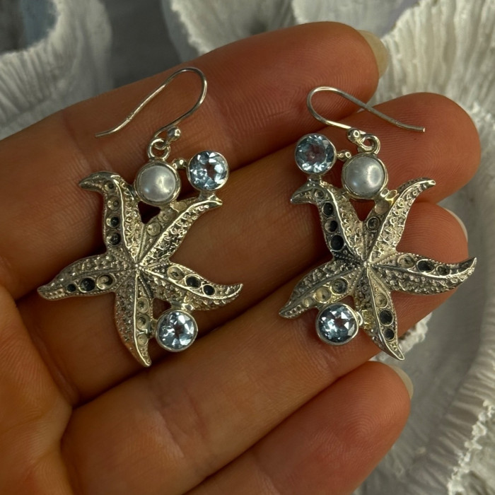 925 Sterling Silver See Star Blue Topaz & Pearl Earrings Length 1.70 Inch