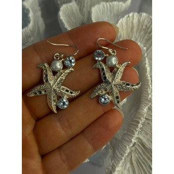 925 Sterling Silver See Star Blue Topaz & Pearl Earrings Length 1.70 inch