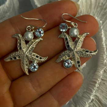 925 Sterling Silver See Star Blue Topaz & Pearl Earrings Length 1.70 Inch