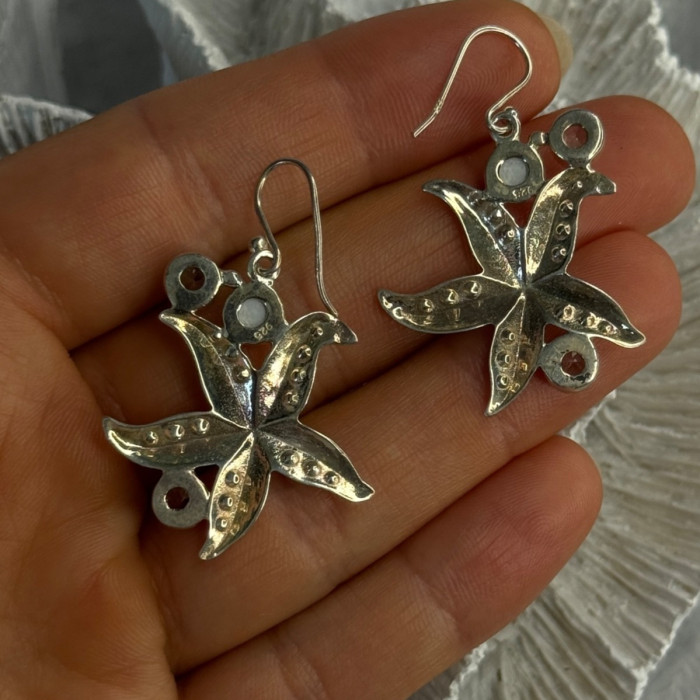 925 Sterling Silver See Star Blue Topaz & Pearl Earrings Length 1.70 Inch
