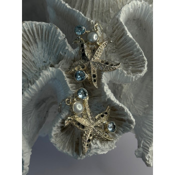 925 Sterling Silver See Star Blue Topaz & Pearl Earrings Length 1.70 inch