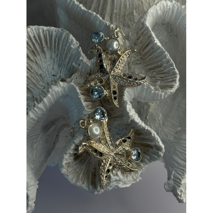 925 Sterling Silver See Star Blue Topaz & Pearl Earrings Length 1.70 inch