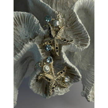 925 Sterling Silver See Star Blue Topaz & Pearl Earrings Length 1.70 inch