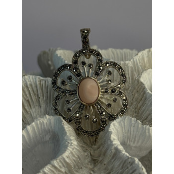 925 Sterling Silver Pink Agate & Marcasite Flower Pendant Length 1.75 inch