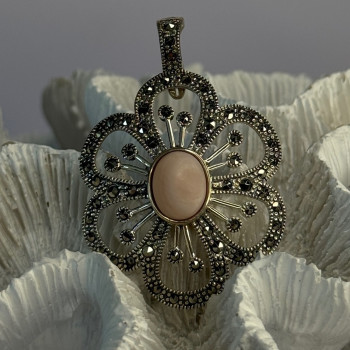 925 Sterling Silver Pink Agate & Marcasite Flower Pendant Length 1.75 Inch
