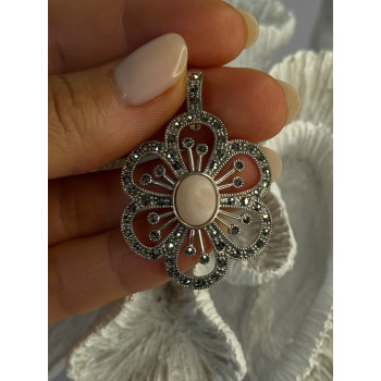 925 Sterling Silver Pink Agate & Marcasite Flower Pendant Length 1.75 inch