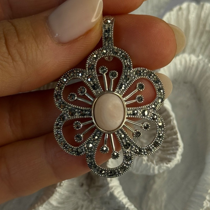 925 Sterling Silver Pink Agate & Marcasite Flower Pendant Length 1.75 Inch