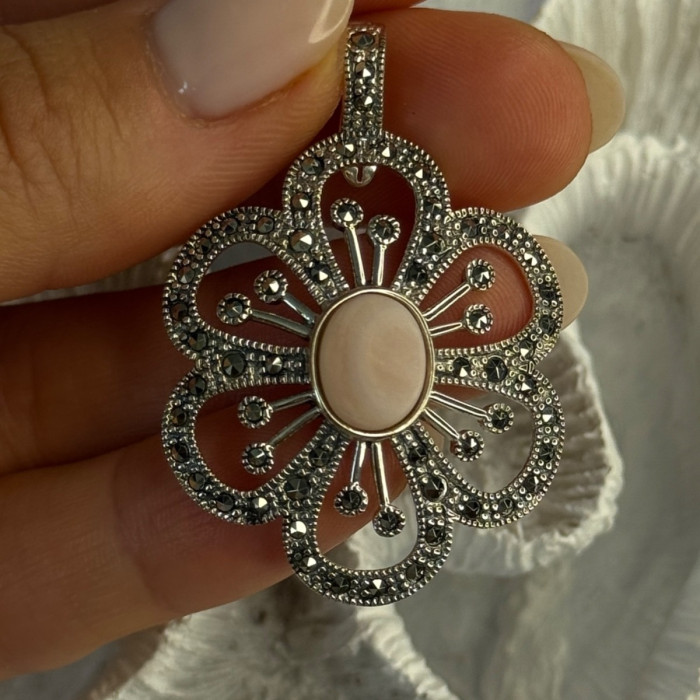 925 Sterling Silver Pink Agate & Marcasite Flower Pendant Length 1.75 Inch