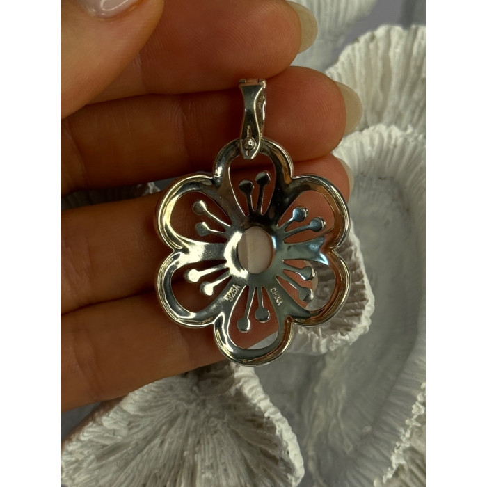 925 Sterling Silver Pink Agate & Marcasite Flower Pendant Length 1.75 inch