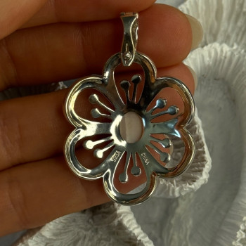 925 Sterling Silver Pink Agate & Marcasite Flower Pendant Length 1.75 Inch