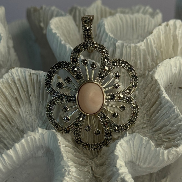 925 Sterling Silver Pink Agate & Marcasite Flower Pendant Length 1.75 Inch