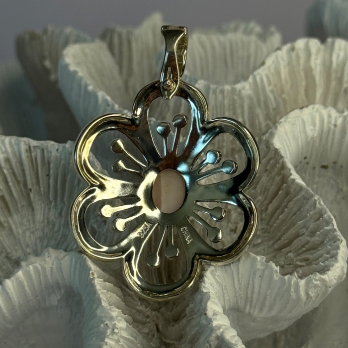 925 Sterling Silver Pink Agate & Marcasite Flower Pendant Length 1.75 Inch