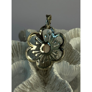 925 Sterling Silver Pink Agate & Marcasite Flower Pendant Length 1.75 inch