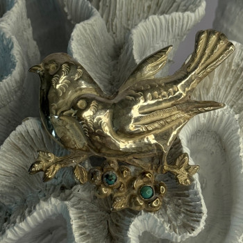 925 Sterling Silver Brooch Turquoise Birds Length 2.20 Inch