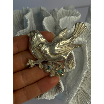 925 Sterling Silver Brooch Turquoise Birds Length 2.20 inch