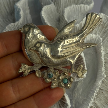 925 Sterling Silver Brooch Turquoise Birds Length 2.20 Inch