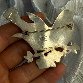 925 Sterling Silver Brooch Turquoise Birds Length 2.20 Inch